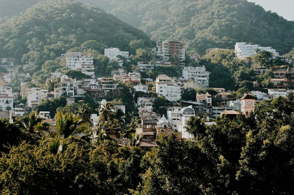 Lush greenery and urban landscape blend in Puerto Vallarta's hillside view.